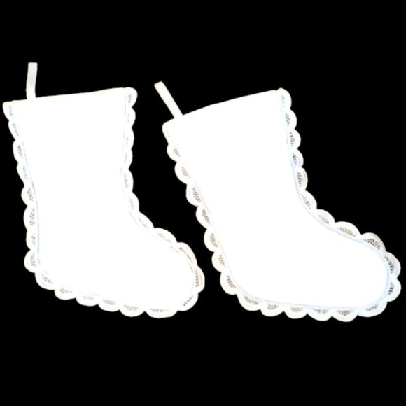 Battenberg Lace Embroidered Christmas Stockings Santa Claus w/ Toy Bag Lot of 2 - Picture 1 of 7